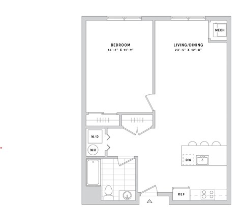 Floor plan for 1 bed, 1 bath, 827 sqft